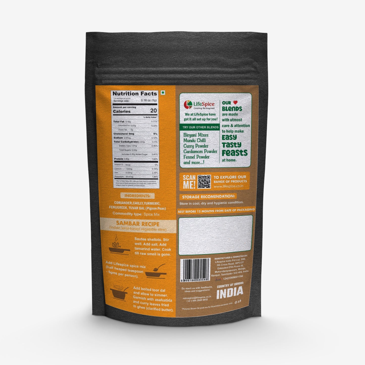 Lifespice Spicy Sambar Powder - 500g pouch