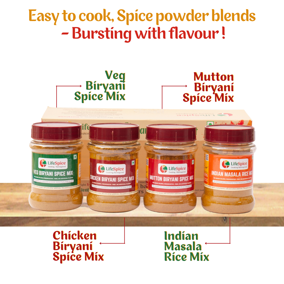 Lifespice Biriyani Lovers Kit-4 PET Jars-75g each | Chicken Biryani SpiceMix, Mutton Biryani SpiceMix, Veg Biryani SpiceMix & Indian Masala Rice Mix
