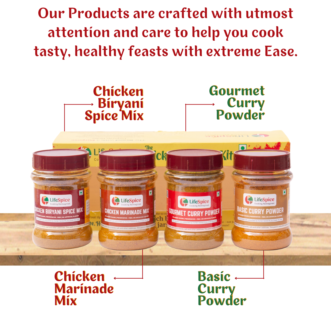 Lifespice - Chicken Foodie Kit -4 PET Jars -75g each | Chicken Marinade Mix, Chicken Biriyani Spice Mix, Basic Curry Powder & Gourmet Curry Powder