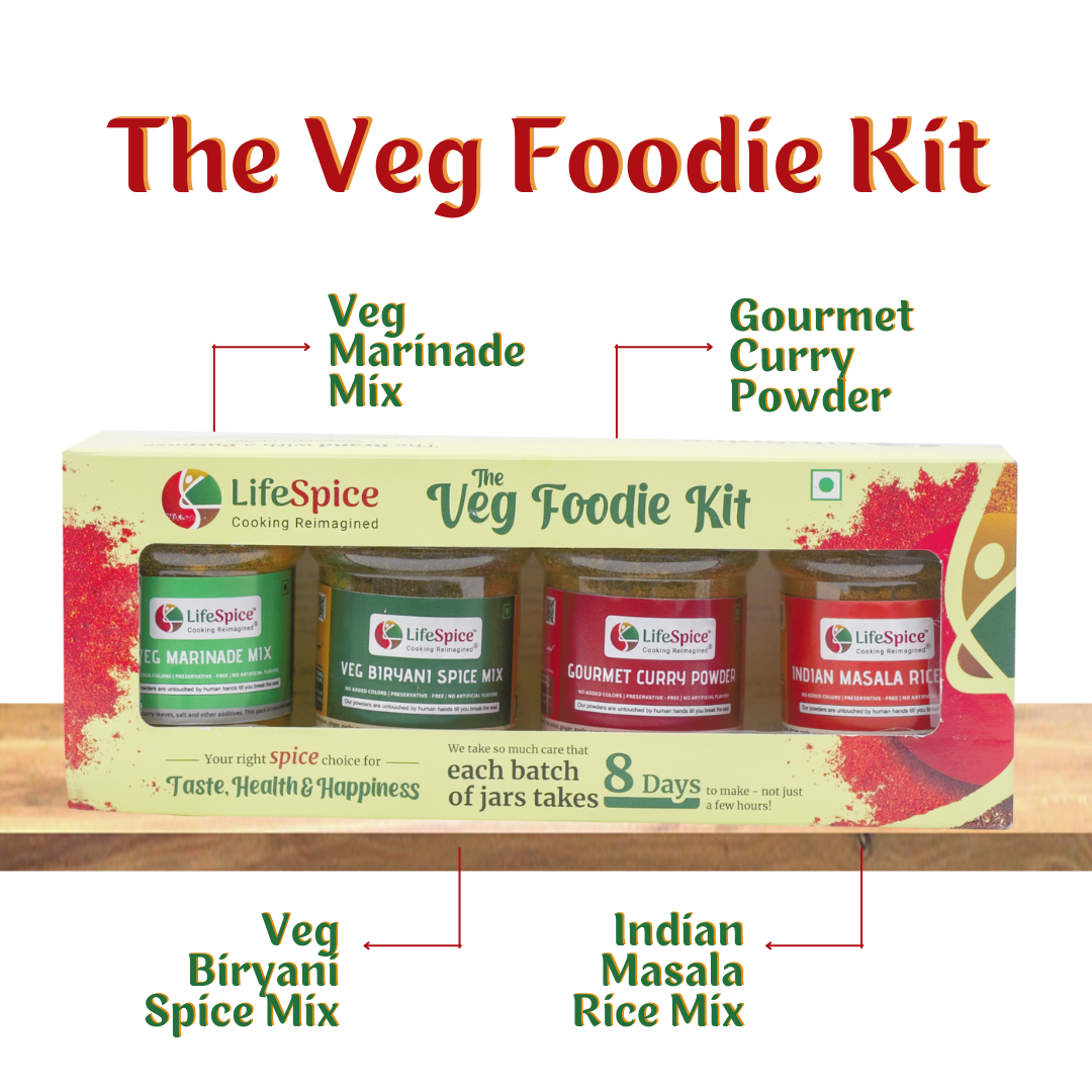 Lifespice - Veg Foodie Kit -4 PET Jars -75g each | Veg Marinade Mix, Veg Biriyani Spice Mix, Gourmet Curry Powder & Indian Masala Rice Mix