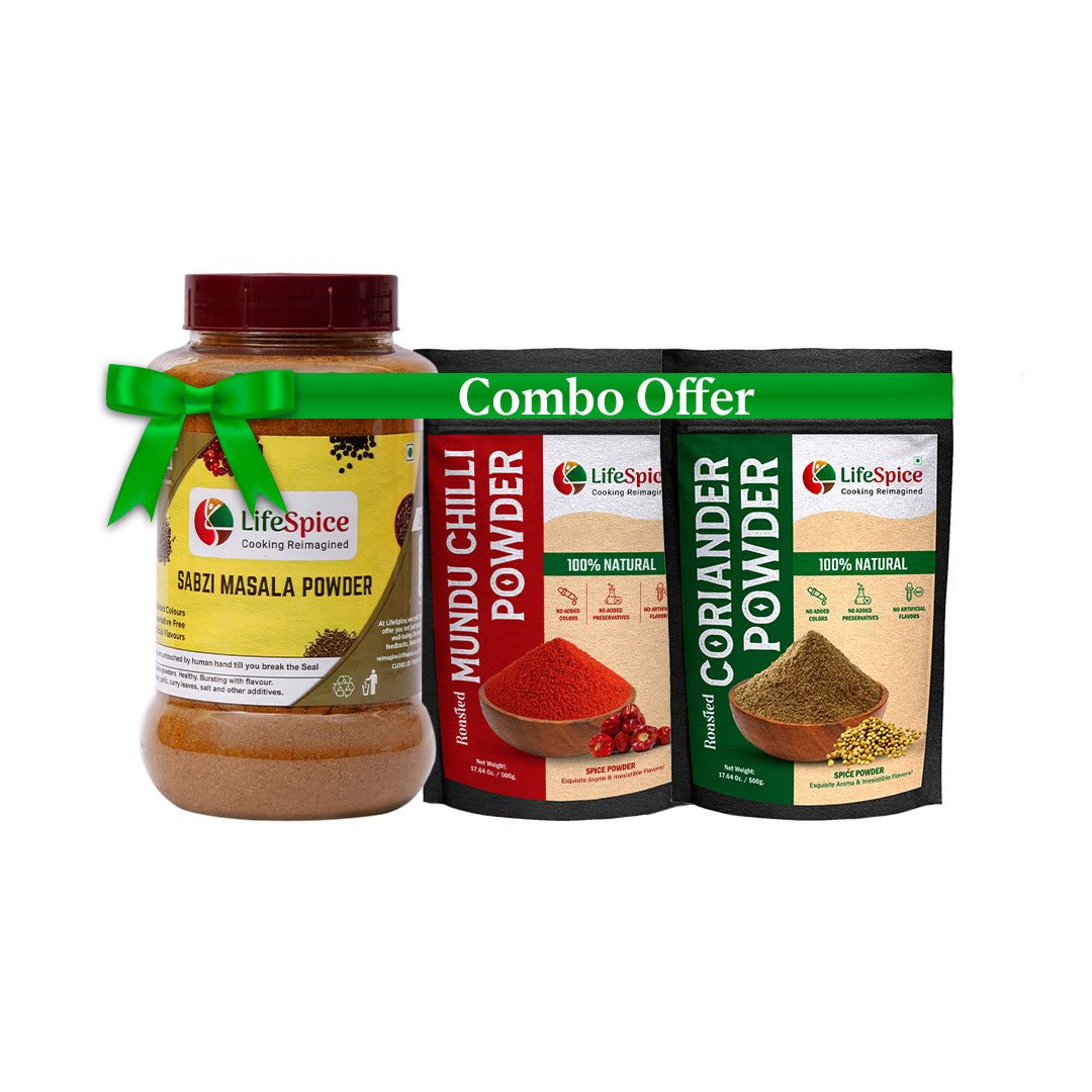 Buy 1 Get 2 - Buy 1 Lifespice Sabzi Masala powder and GET 1 Mundu Chilli Powder+ 1 Coriander Powder FREE