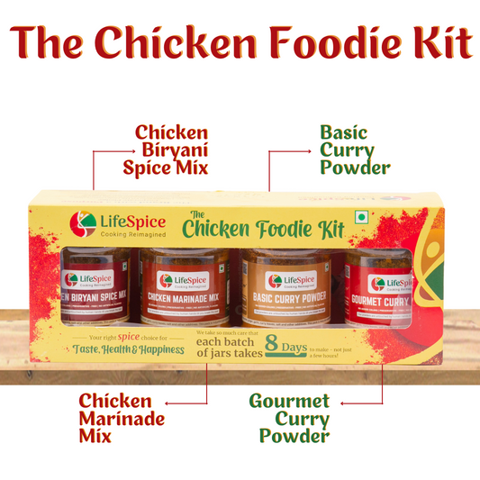 Lifespice - Chicken Foodie Kit -4 PET Jars -75g each | Chicken Marinade Mix, Chicken Biriyani Spice Mix, Basic Curry Powder & Gourmet Curry Powder