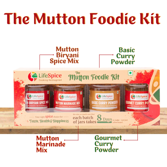 Lifespice - Mutton Foodie Kit -4 PET Jars -75g each | Mutton Marinade Mix, Mutton Biriyani Spice Mix, Basic Curry Powder & Gourmet Curry Powder