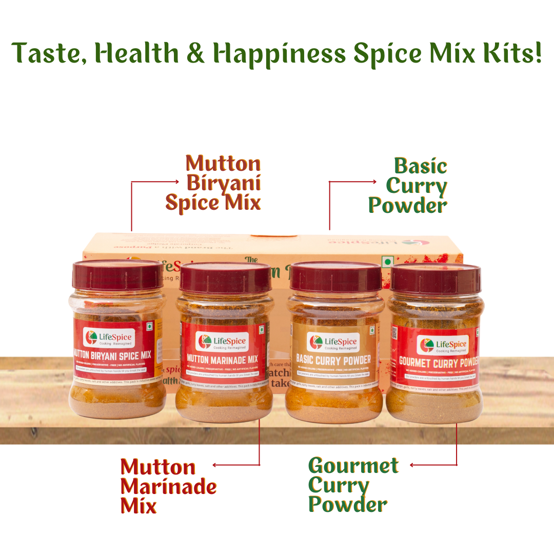 Lifespice - Mutton Foodie Kit -4 PET Jars -75g each | Mutton Marinade Mix, Mutton Biriyani Spice Mix, Basic Curry Powder & Gourmet Curry Powder