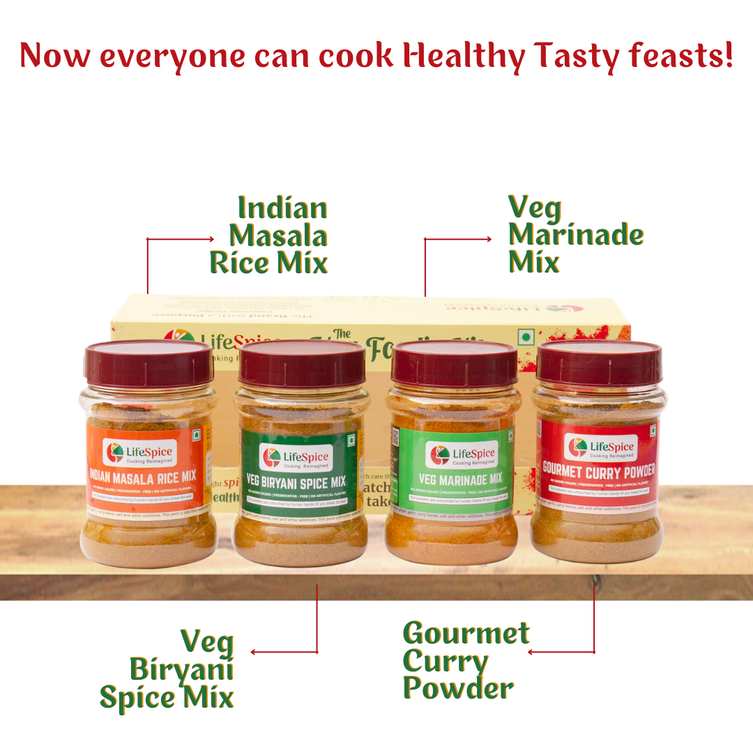 Lifespice - Veg Foodie Kit -4 PET Jars -75g each | Veg Marinade Mix, Veg Biriyani Spice Mix, Gourmet Curry Powder & Indian Masala Rice Mix
